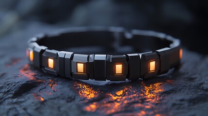 A futuristic bracelet made of black titanium with embedded LED lights 