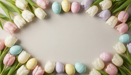 Pastel Easter eggs framed by tulip flowers with copy space