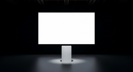 White rectangular screen illuminated by spotlight above a white pedestal on a dark reflective surface in a black room