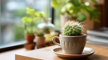 Closeup picture cactus on table suitable for hobby plant articles succulent care botanical interest indoor gardening plant collection defocused background with copy space