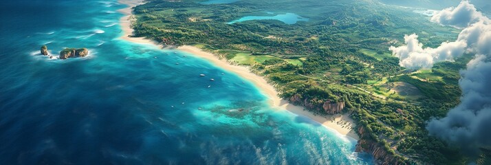 aerial perspective captures a stunning tropical coastal area with clear turquoise waters and pristine white sandy beaches, highlighting a plot of land near the shoreline