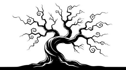 Black Twisted Tree Silhouette Illustration isolated PNG with Transparent Background