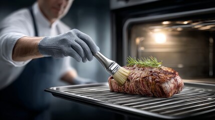 A chef seasons a juicy beef steak with a brush while it cooks in the oven, showcasing culinary skill