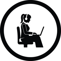 Silhouette woman working on laptop wearing headphones sitting in chair illustration vector