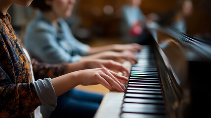 Faceless teenagers attending keyboard lesson music education piano instruction youth learning musical training instrument practice creative arts defocused background with