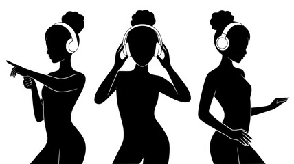 Silhouette Women Listening to Music and DJing isolated PNG with Transparent Background