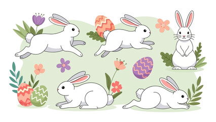 A charming illustration of two white bunnies amidst colorful Easter eggs and spring flowers, perfect for holiday greetings and festive marketing. © Vira