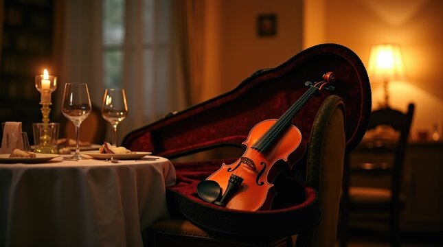violin case open on an empty chair next to a dinner table with candle, musical serenade, artistic romantic gesture, warm intimate lighting