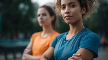 Portrait two confident sporty faceless young women athletic lifestyle fitness partners healthy living workout companions active lifestyle sports training defocused