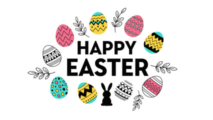 A vibrant and festive 'Happy Easter' greeting featuring stylized, decorative eggs and delicate floral sprigs, perfect for spring celebrations and holi