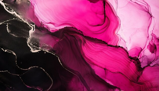Hot Pink And Electric Black Modern Abstract Background Alcohol Ink With Oil Texture
