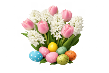 Easter eggs with pink tulips and white hyacinths transparent background
