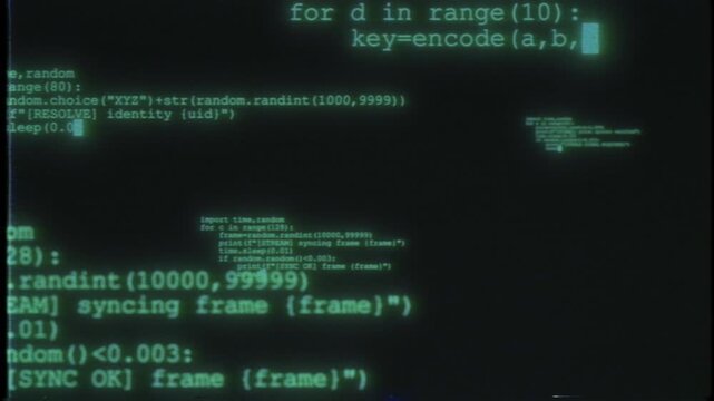 Close-up of Python Code on Screen with Retro Glitch Effect and Blurred Text in Green Monochrome, Camera Flying Through Digital Interface