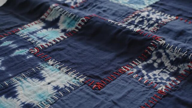 Blue denim patchwork fabric closeup, textile texture background
