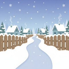 Fototapeta premium Charming winter village scene with cozy snow-covered houses and falling snowflakes