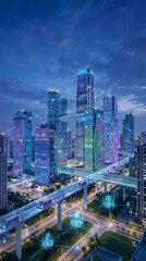 Naklejka premium Futuristic Smart City Skyline with Holographic Neon Bridges and Digital Network Overlay Vertical View