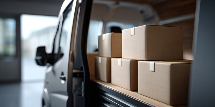 Stack of sealed cardboard boxes loaded inside a delivery van with open sliding door in a warehouse environment