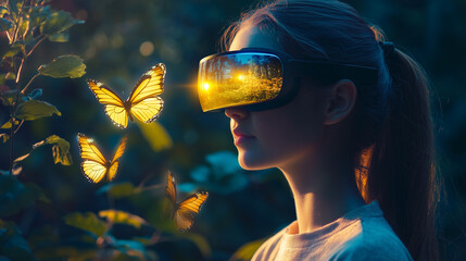Young woman wearing a virtual reality headset experiences glowing butterflies in a forest, blending technology and nature in a surreal immersive scene symbolizing future innovation and digital imagina