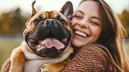 Happy woman hugging french bulldog.