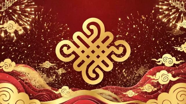 Vibrant red and gold Chinese New Year celebration background with fireworks