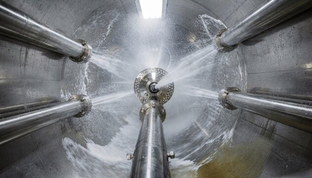 Medium shot of fixed spray balls in a cleaninplace piping system performing an internal caustic wash to remove tough residues from tanks and pipes.