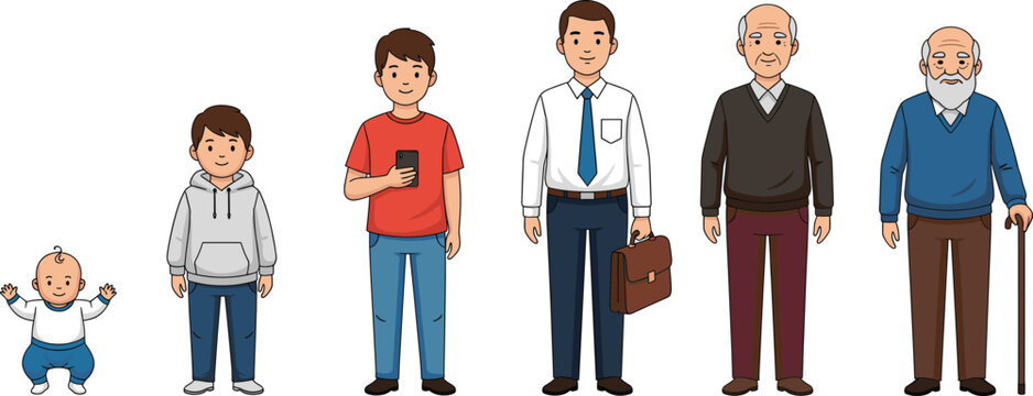Male Life Stages Vector Illustration Set Featuring Baby, Child, Teenager, Adult, Middle Aged Man, and Elderly Senior Character Progression for Education and Human Lifecycle Designs
