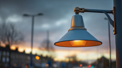 Close up of an urban street lamp glowing with warm light against a dramatic sunset sky