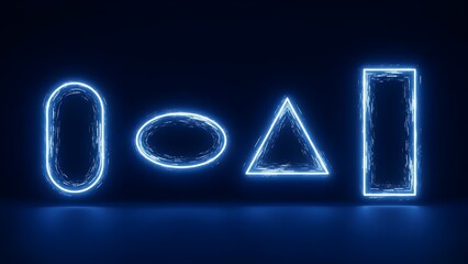 Neon glowing geometric shapes including circle oval triangle and rectangle isolated on transparent background