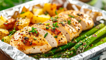 Foil packet dinner, chicken breast, potatoes and asparagus, closeup. AI