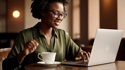 A woman in a green blouse with glasses uses a laptop and holds a coffee cup