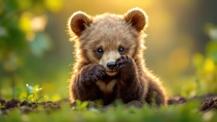 Obraz premium Adorable bear cub resting on the forest ground with a warm golden light shining down on its soft fur and gentle face.