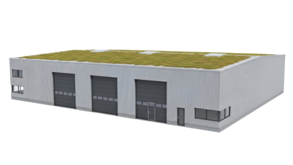 White industrial building with green rooftop and multiple garage doors