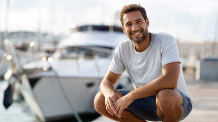 Relaxed faceless attractive man squatting on jetty in front of yacht nautical lifestyle boating hobby waterfront leisure marine recreation defocused background with copy