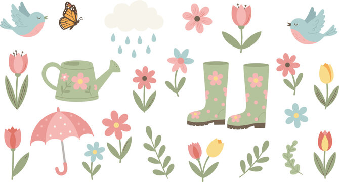 Spring Garden Illustration Set Featuring Flowers, Birds, Umbrella, Rain, Watering Can, Boots, and Cute Seasonal Nature Elements