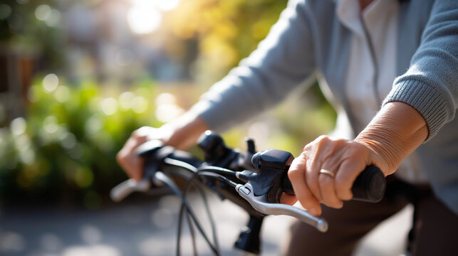 Let me see selective focus faceless curious elderly lady sitting on bicycle looking after taking photos outdoors cycling hobby senior photography active retirement defocused