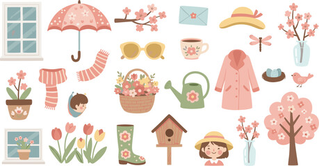 Fototapeta premium Springtime Illustration Set Featuring Flowers, Gardening Tools, Fashion Accessories, Nature Elements, and Cute Seasonal Icons