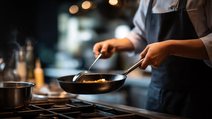 Faceless chef at work culinary profession cooking hobby food preparation kitchen expertise gastronomic passion professional cuisine defocused background with copy space