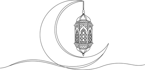Vector Minimalist Continuous Line Art Illustration of a Large Crescent Moon with a Detailed Ornate Hanging Lantern for Ramadan Kareem and Eid Mubarak Holiday Graphic Design
