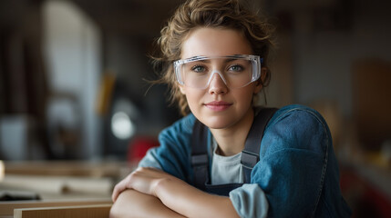 Young beautiful faceless professional female carpenter portrait wearing protective goggles working carpentry DIY workshop wood confident engineer women hobby at workbench