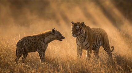 Intense Standoff: Tiger and Hyena in Golden Grassland