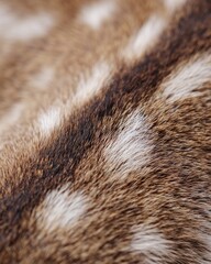 Close up detail of deer fur showing a rich pattern of brown and white spots, highlighting the texture and natural beauty of wildlife in a natural setting