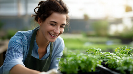 Enthusiastic faceless woman tending to plants in vibrant greenhouse enjoying gardening hobby sunny afternoon horticulture botanical passion plant care defocused background