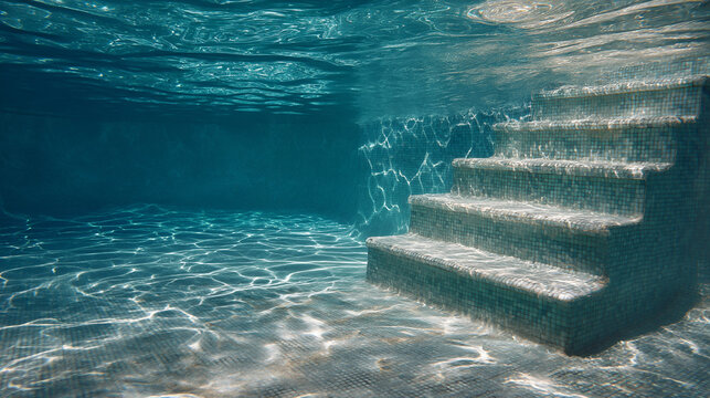 Underwater view of mosaic tiled steps in a swimming pool with sunlight patterns on the floor