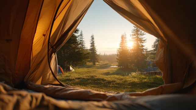 View from the inside of a camping tent looking out towards a misty forest landscape at sunrise - Powered by Adobe
