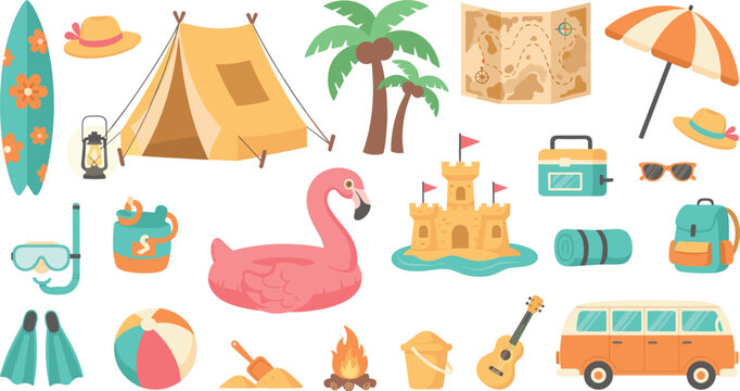 Summer Vacation Illustration Set Featuring Camping Gear, Beach Items, Surfboard, Flamingo Float, Sandcastle, Van, and Travel Elements