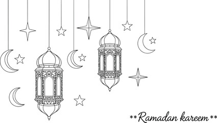 Vector Ramadan Kareem Banner Featuring Detailed Line Art Hanging Lanterns with Ornate Geometric Patterns Surrounded by Crescent Moons and Stars for Islamic Holiday Celebration