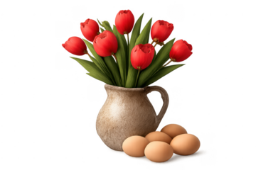 Red tulips in clay vase with brown eggs for easter
