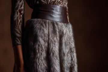 Model wearing deer fur print tights and a leather belt poses against a textured brown background, showcasing a stylish and contemporary fashion look with elegant details
