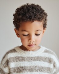 Portrait of a young child with curly hair wearing a cozy striped sweater, looking down with a soft expression against a neutral background, ideal for family or lifestyle themes
