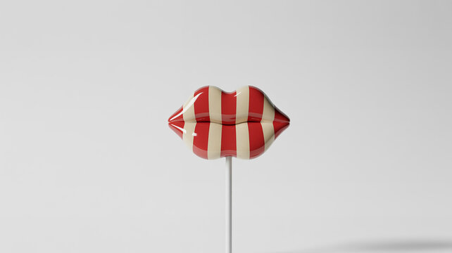 Red and beige striped lips shaped lollipop on a white stick against a plain white background, studio shot